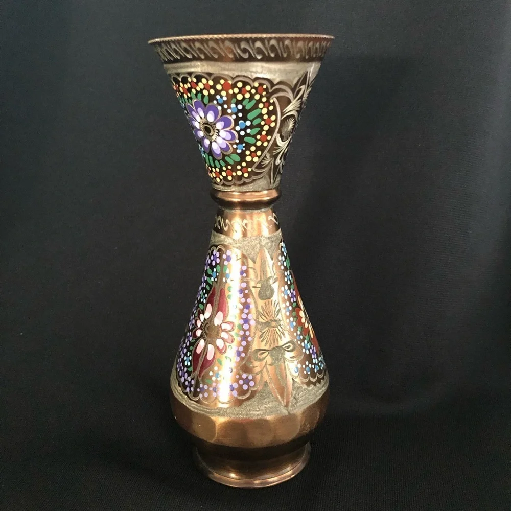Vintage Hand Painted & Etched Copper Vase with Floral Designs